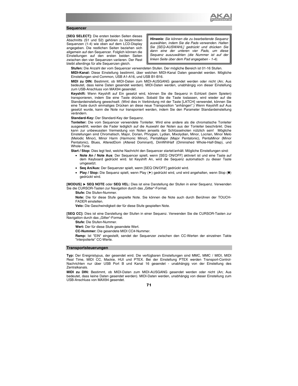 Sequencer, Transportsteuerungen | Akai max25 User Manual | Page 71 / 88