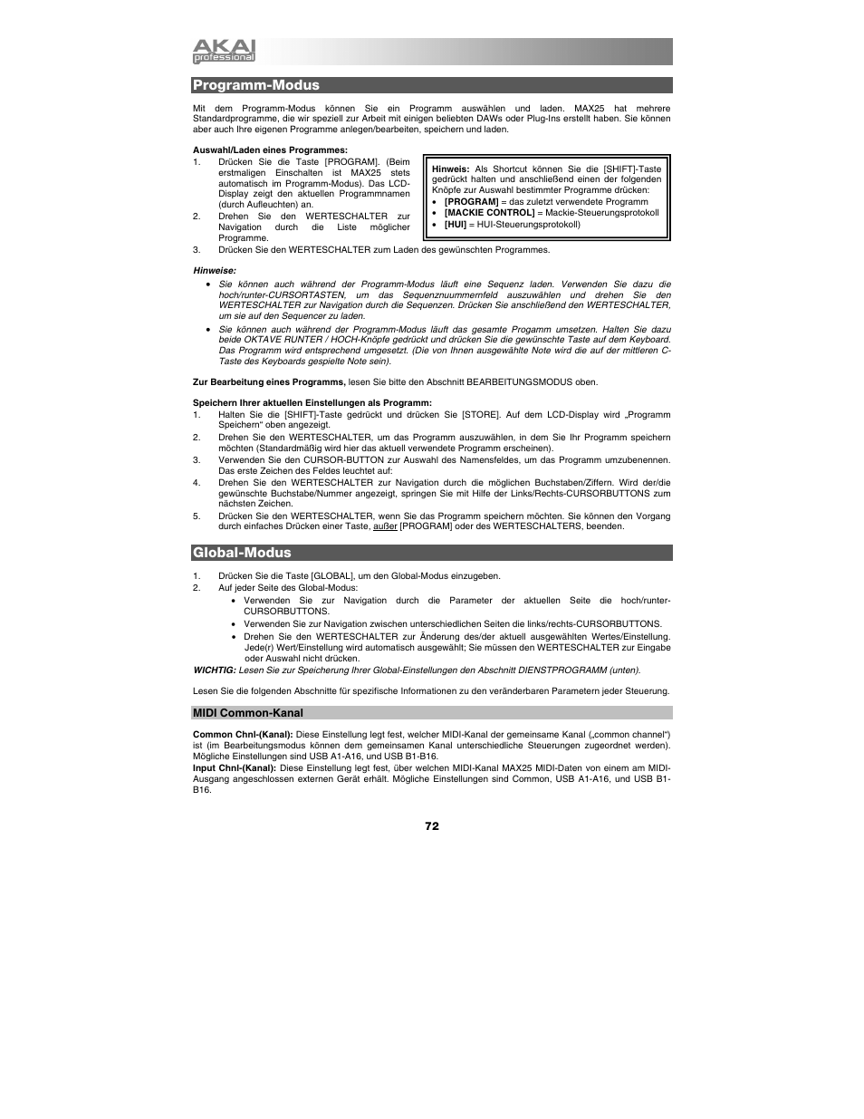 Programm-modus, Global-modus, Midi common-kanal | Akai max25 User Manual | Page 72 / 88