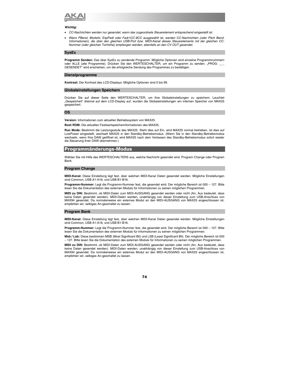 Sysex, Dienstprogramme, Globaleinstellungen speichern | Programmänderungs-modus, Program change, Program bank | Akai max25 User Manual | Page 74 / 88