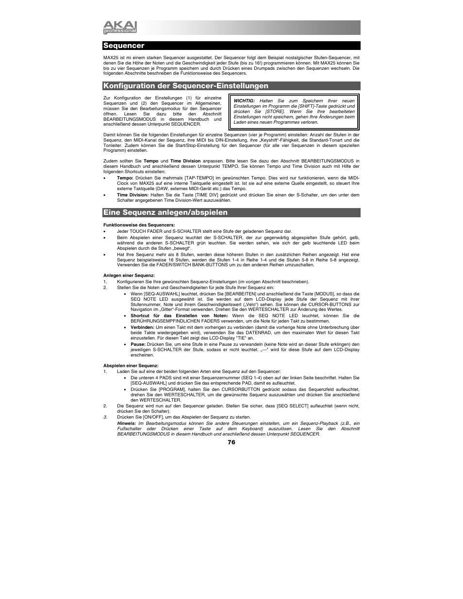 Sequencer, Konfiguration der sequencer-einstellungen, Eine sequenz anlegen/abspielen | Akai max25 User Manual | Page 76 / 88