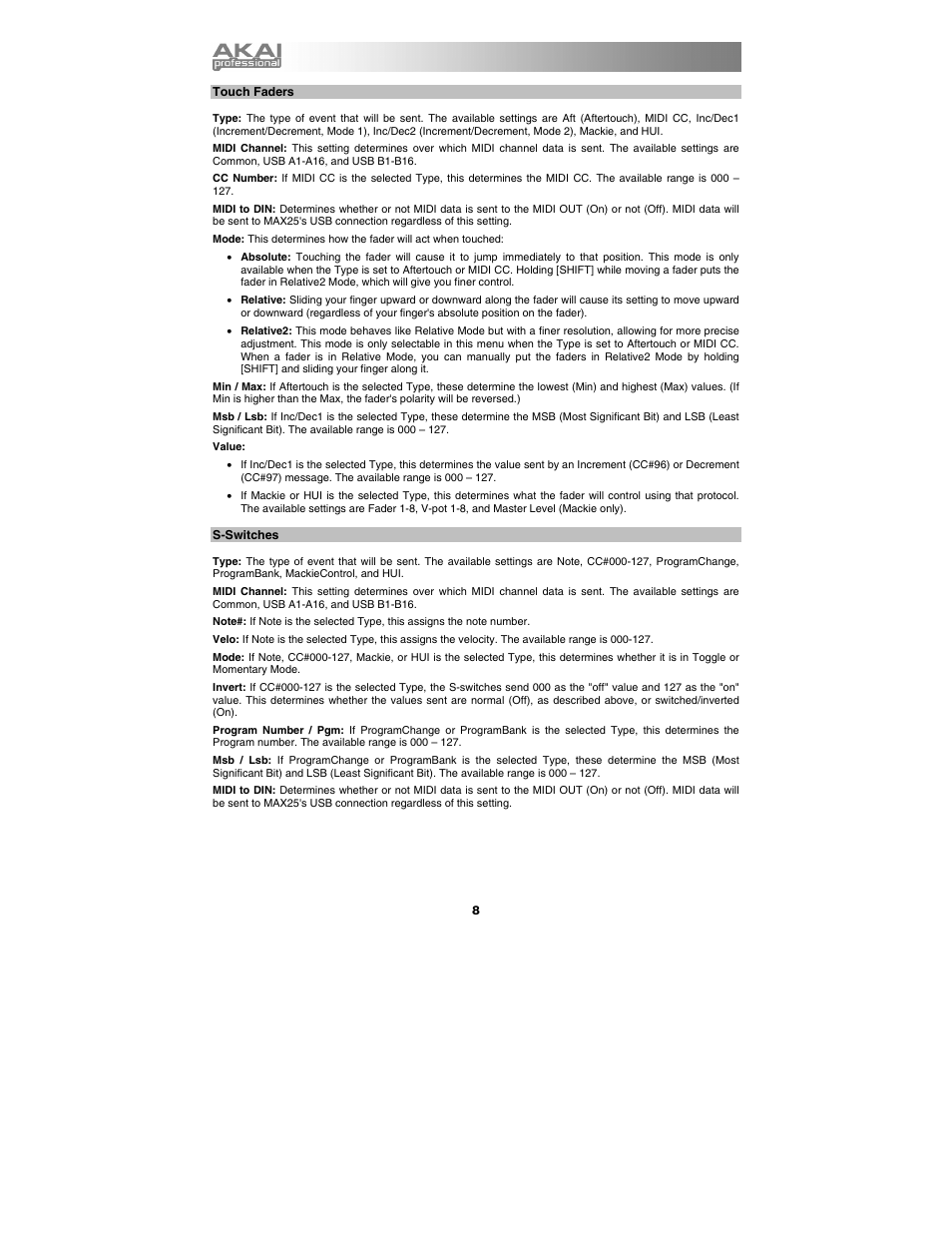 Touch faders, S-switches | Akai max25 User Manual | Page 8 / 88