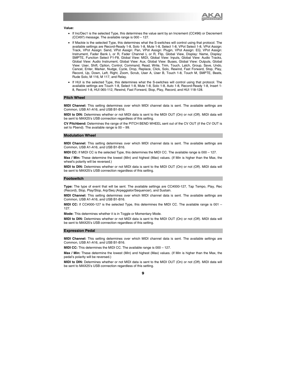 Pitch wheel, Modulation wheel, Footswitch | Akai max25 User Manual | Page 9 / 88