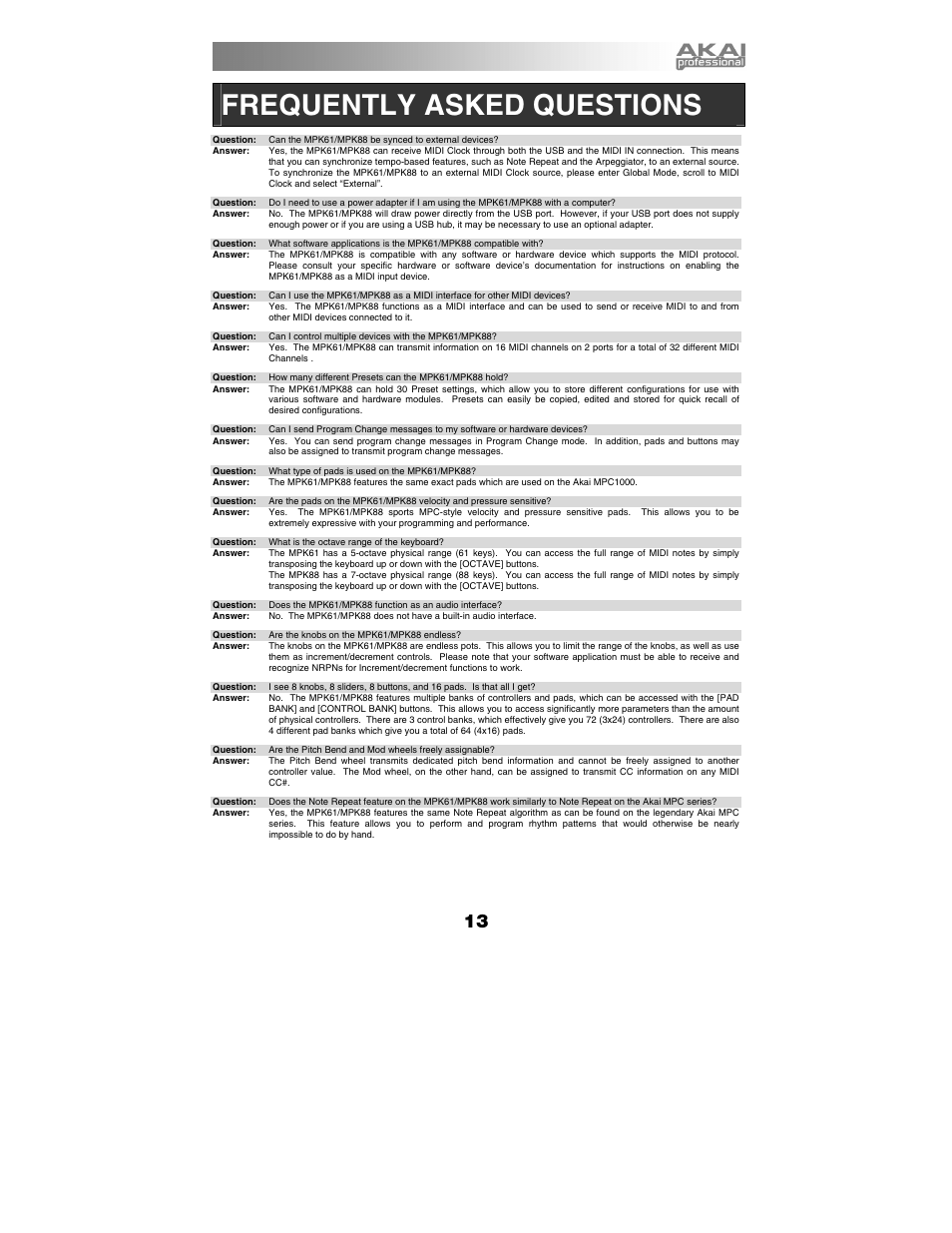 Frequently asked questions | Akai mpk61 User Manual | Page 13 / 72
