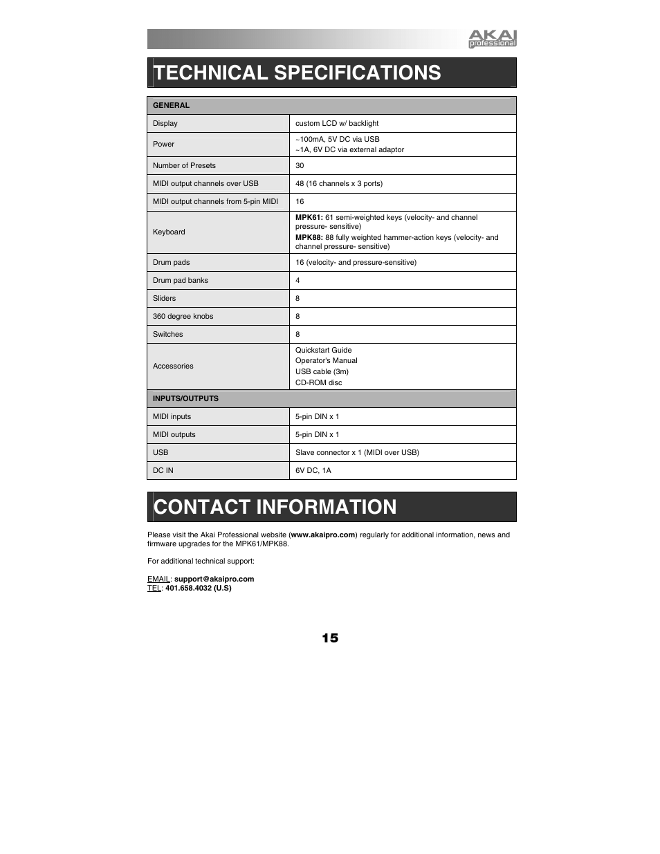 Technical specifications, Contact information | Akai mpk61 User Manual | Page 15 / 72