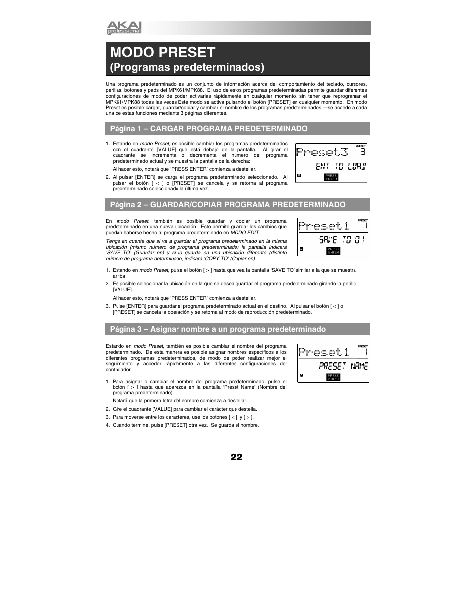 Modo preset, Programas predeterminados), Página 1 – cargar programa predeterminado | Página 2 – guardar/copiar programa predeterminado | Akai mpk61 User Manual | Page 22 / 72