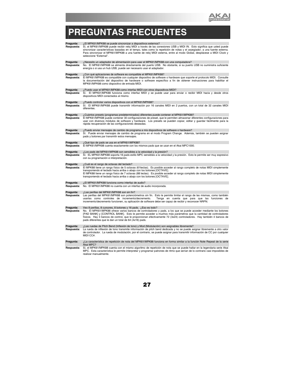 Preguntas frecuentes | Akai mpk61 User Manual | Page 27 / 72