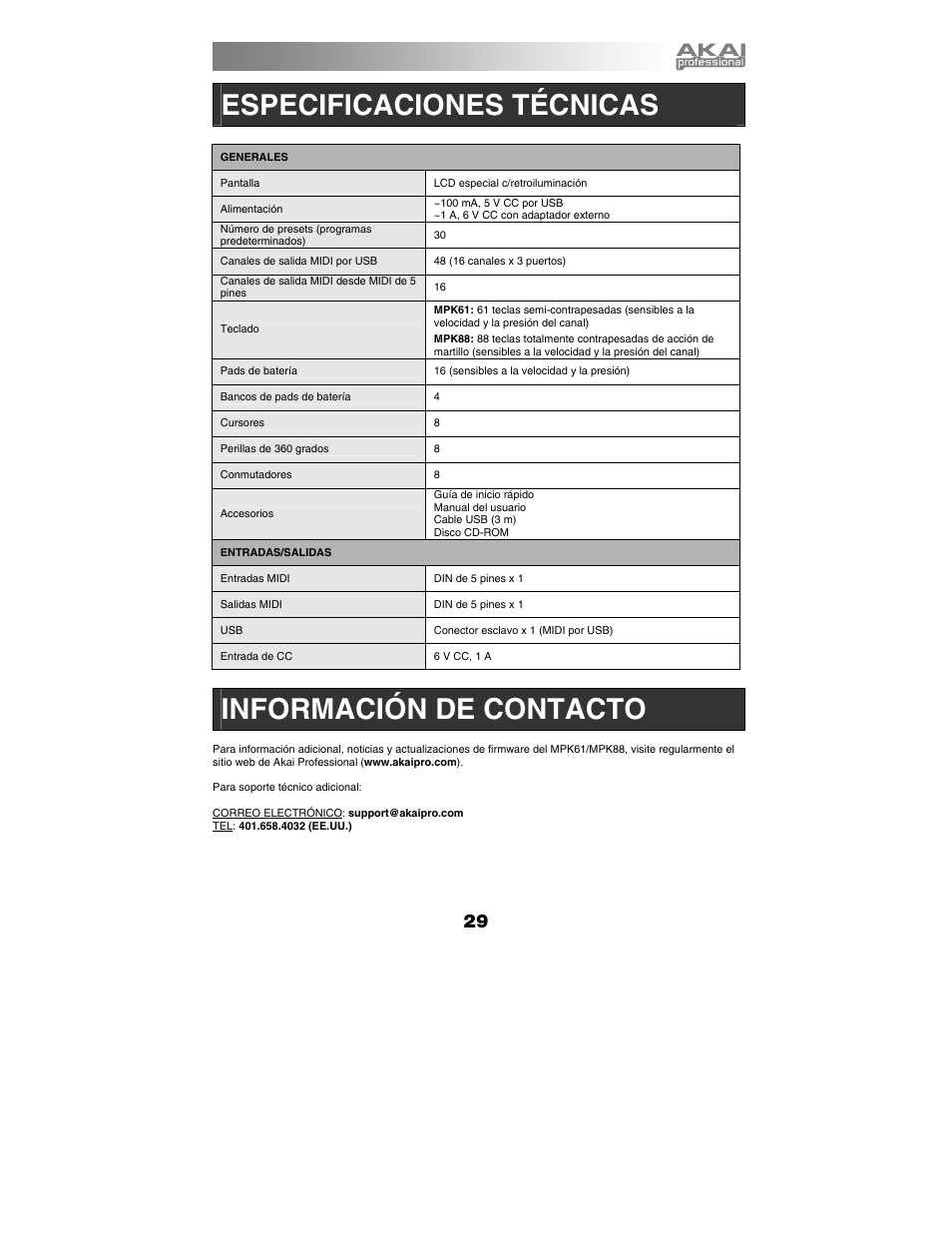 Especificaciones técnicas, Información de contacto | Akai mpk61 User Manual | Page 29 / 72
