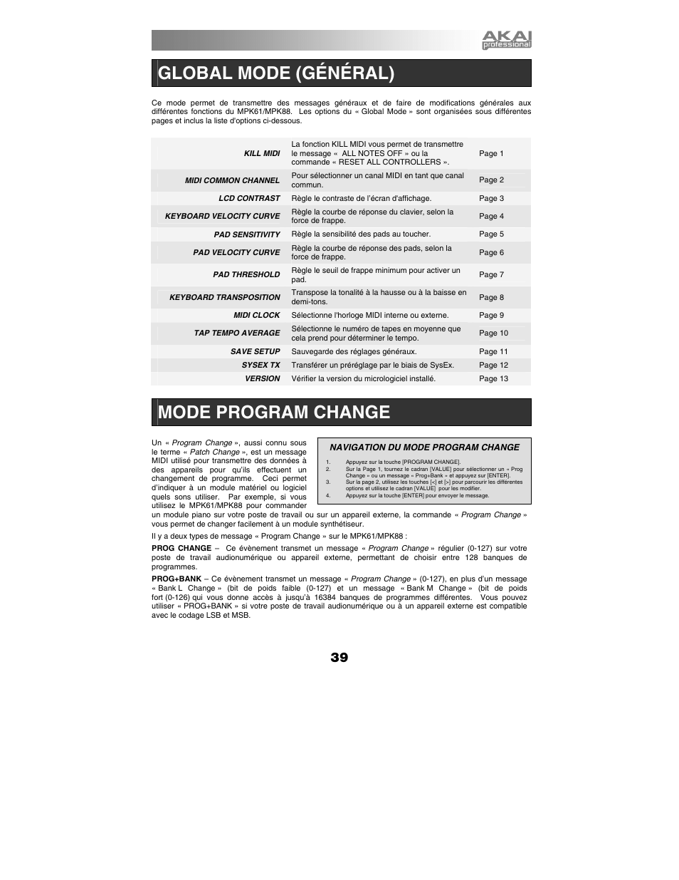 Global mode (général), Mode program change | Akai mpk61 User Manual | Page 39 / 72