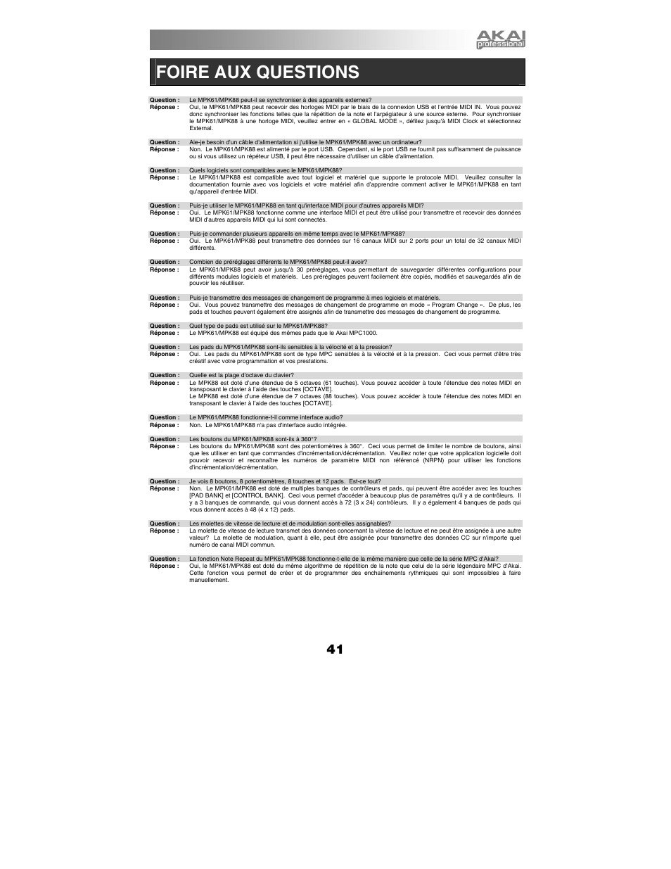 Foire aux questions | Akai mpk61 User Manual | Page 41 / 72