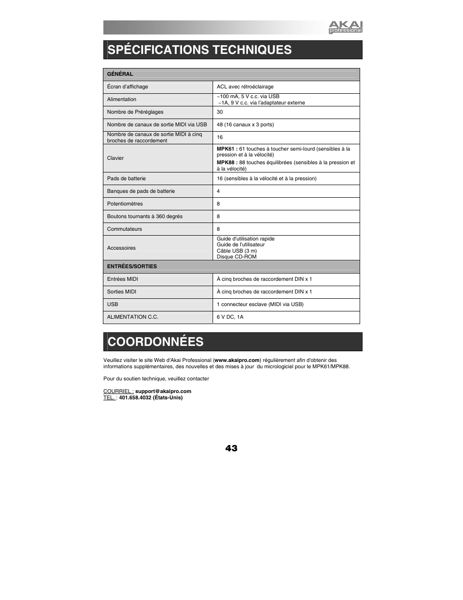 Spécifications techniques, Coordonnées | Akai mpk61 User Manual | Page 43 / 72