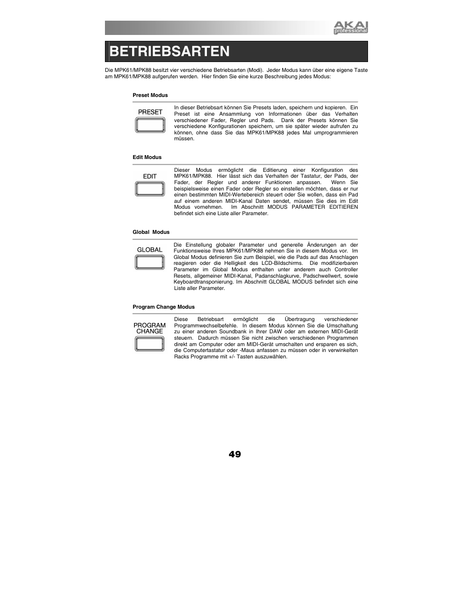 Betriebsarten | Akai mpk61 User Manual | Page 49 / 72