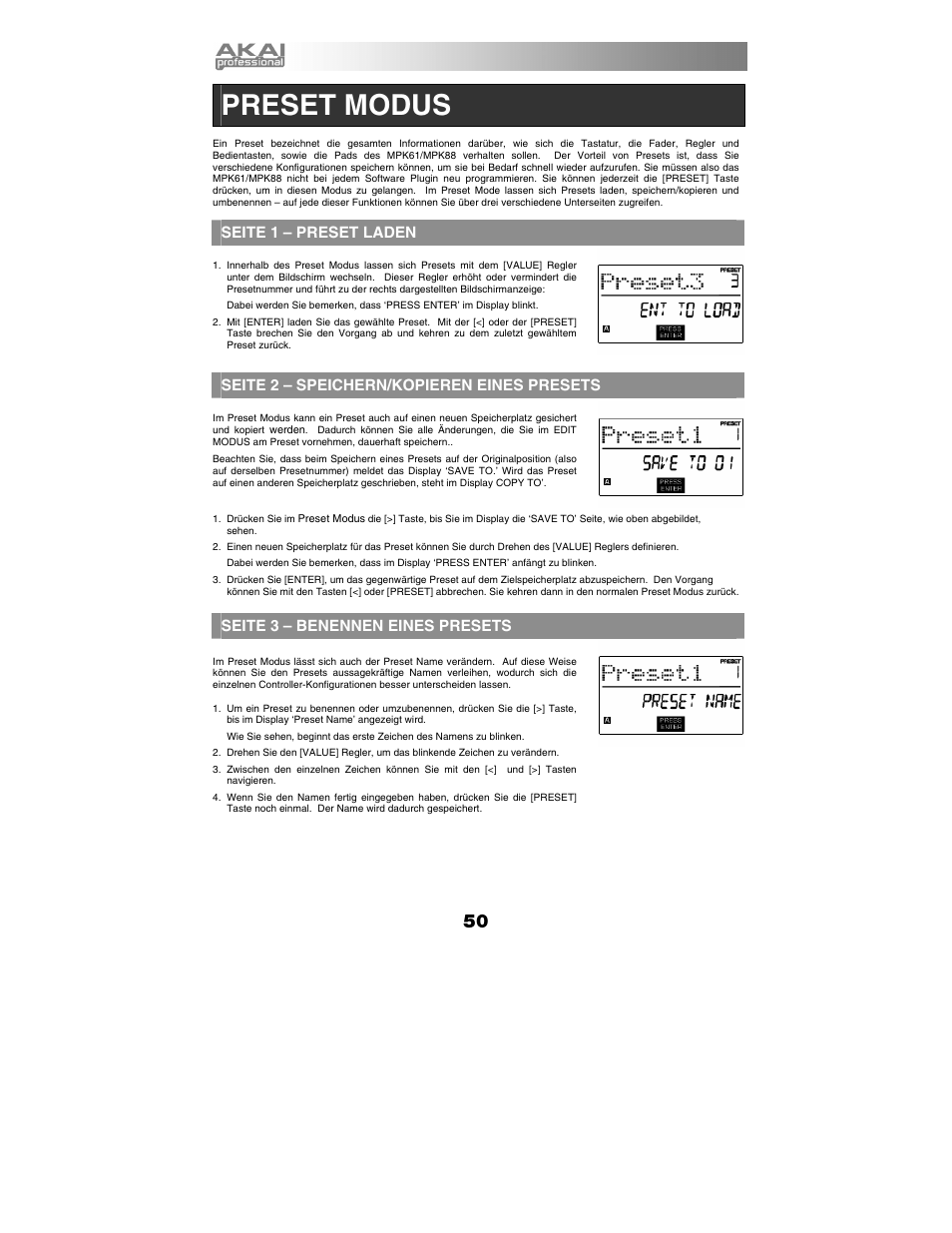 Preset modus, Seite 1 – preset laden, Seite 2 – speichern/kopieren eines presets | Seite 3 – benennen eines presets | Akai mpk61 User Manual | Page 50 / 72