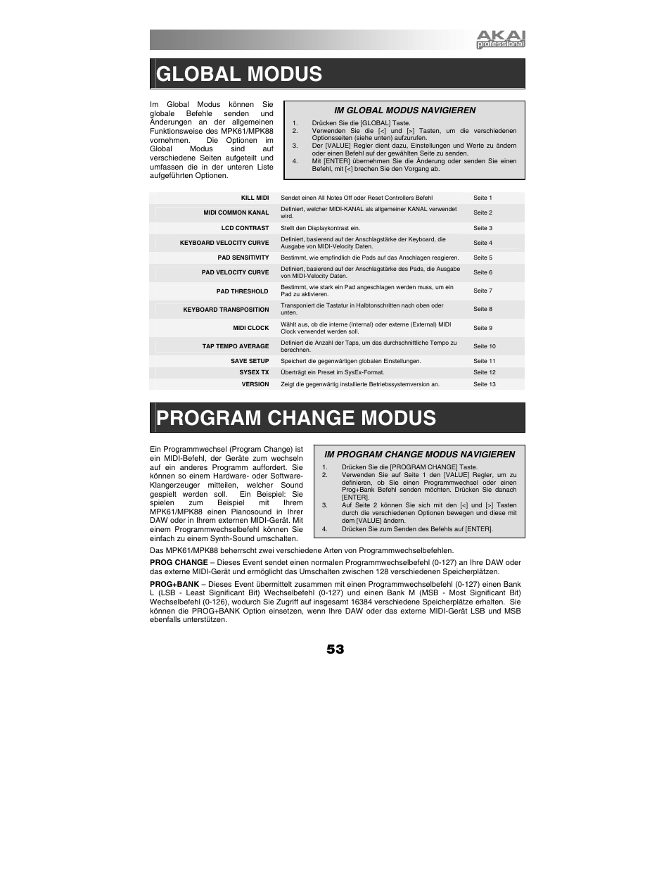 Global modus, Program change modus | Akai mpk61 User Manual | Page 53 / 72