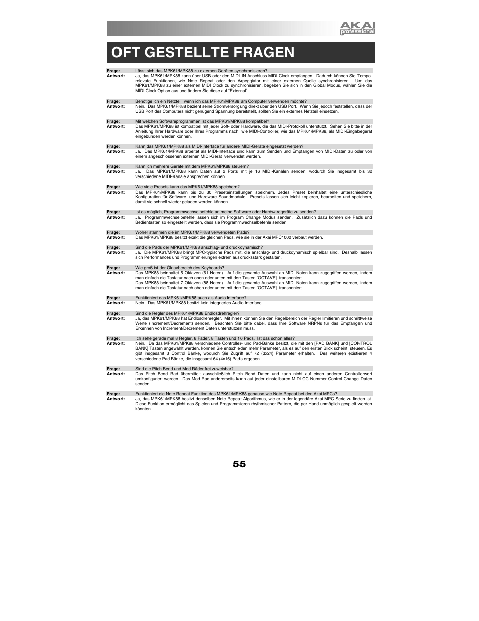 Oft gestellte fragen | Akai mpk61 User Manual | Page 55 / 72