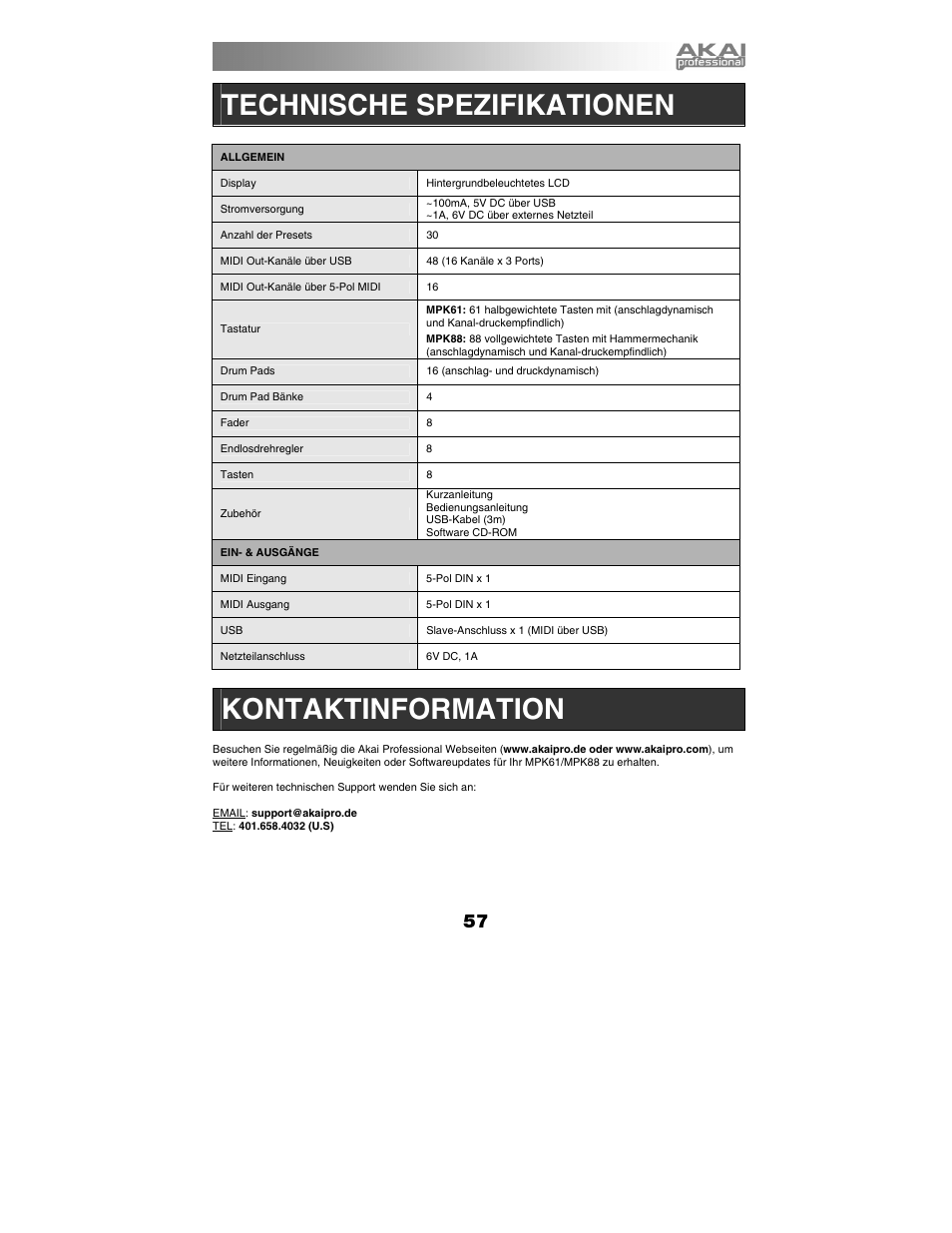 Technische spezifikationen, Kontaktinformation | Akai mpk61 User Manual | Page 57 / 72