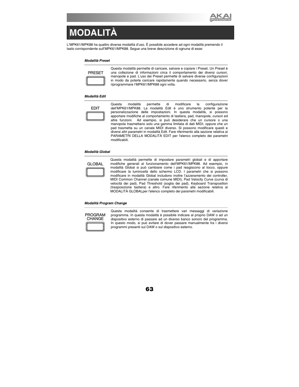 Modalit à | Akai mpk61 User Manual | Page 63 / 72