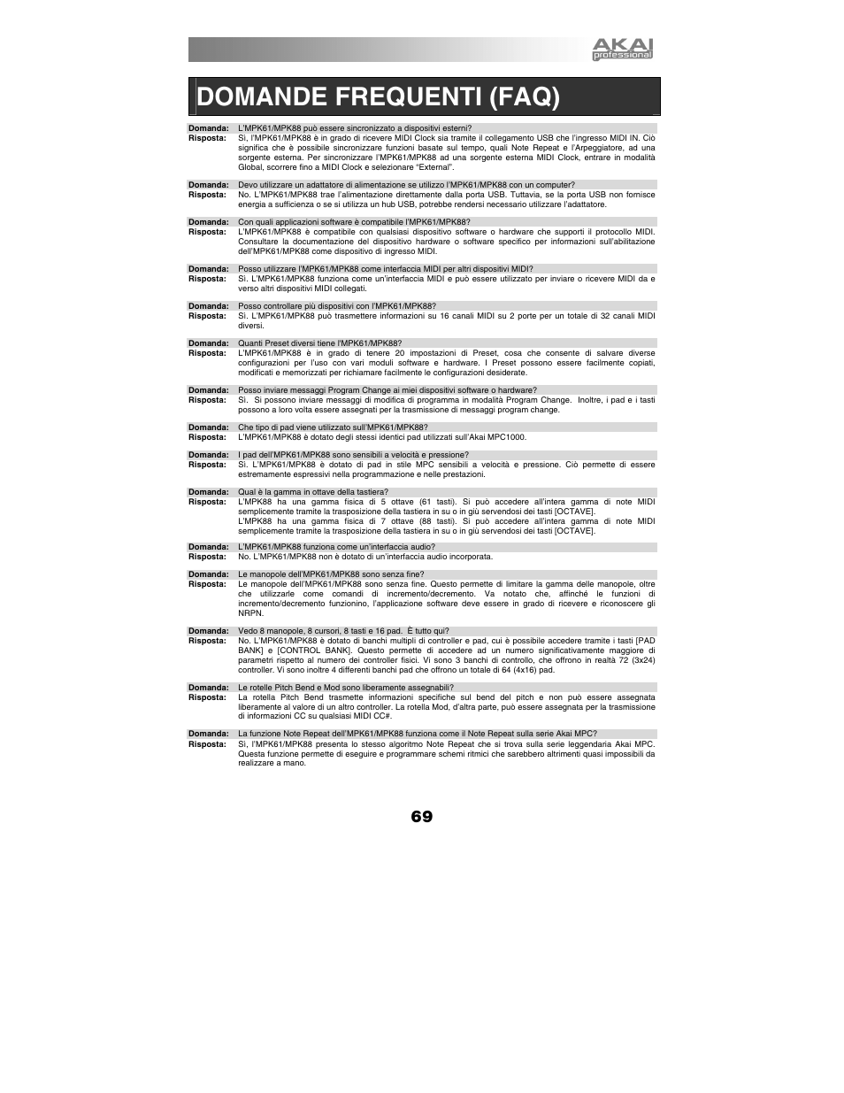 Domande frequenti (faq) | Akai mpk61 User Manual | Page 69 / 72