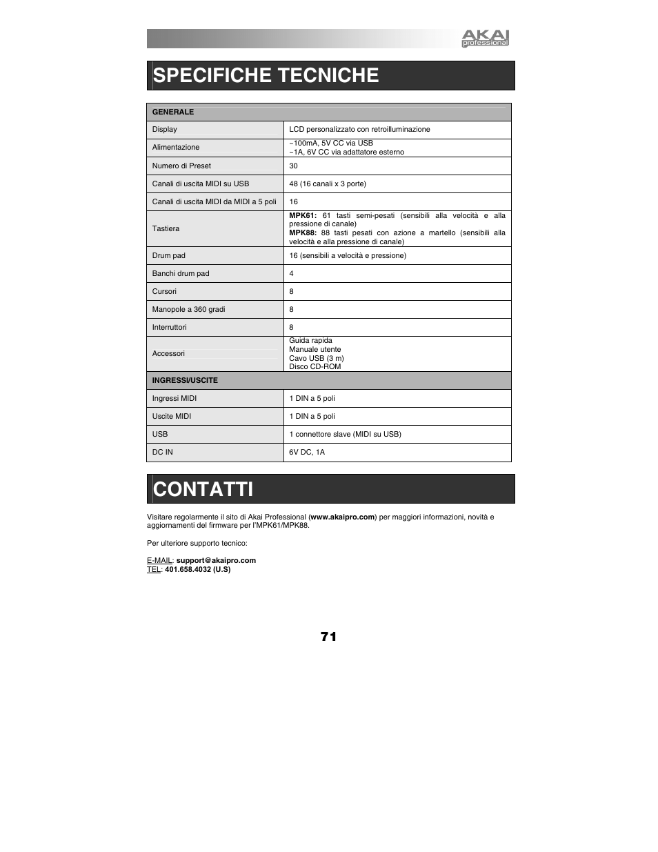 Specifiche tecniche, Contatti | Akai mpk61 User Manual | Page 71 / 72