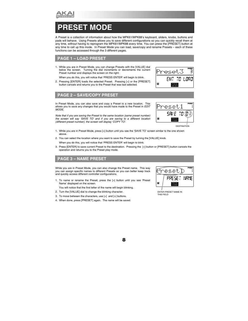 Preset mode, Page 1 – load preset, Page 2 – save/copy preset | Page 3 – name preset | Akai mpk61 User Manual | Page 8 / 72