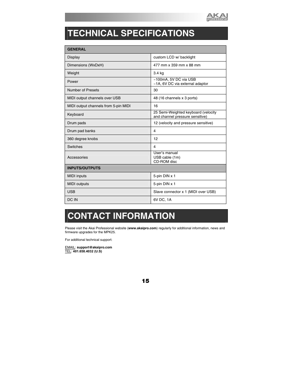 Technical specifications, Contact information | Akai mpk25 User Manual | Page 15 / 76
