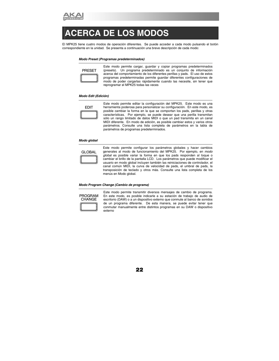 Acerca de los modos | Akai mpk25 User Manual | Page 22 / 76