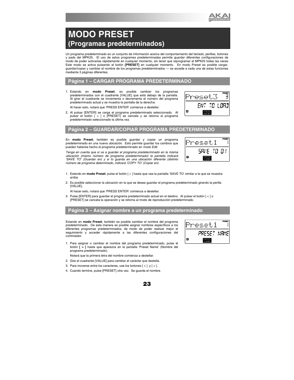 Modo preset (programas predeterminados), Modo preset, Programas predeterminados) | Página 1 – cargar programa predeterminado, Página 2 – guardar/copiar programa predeterminado | Akai mpk25 User Manual | Page 23 / 76