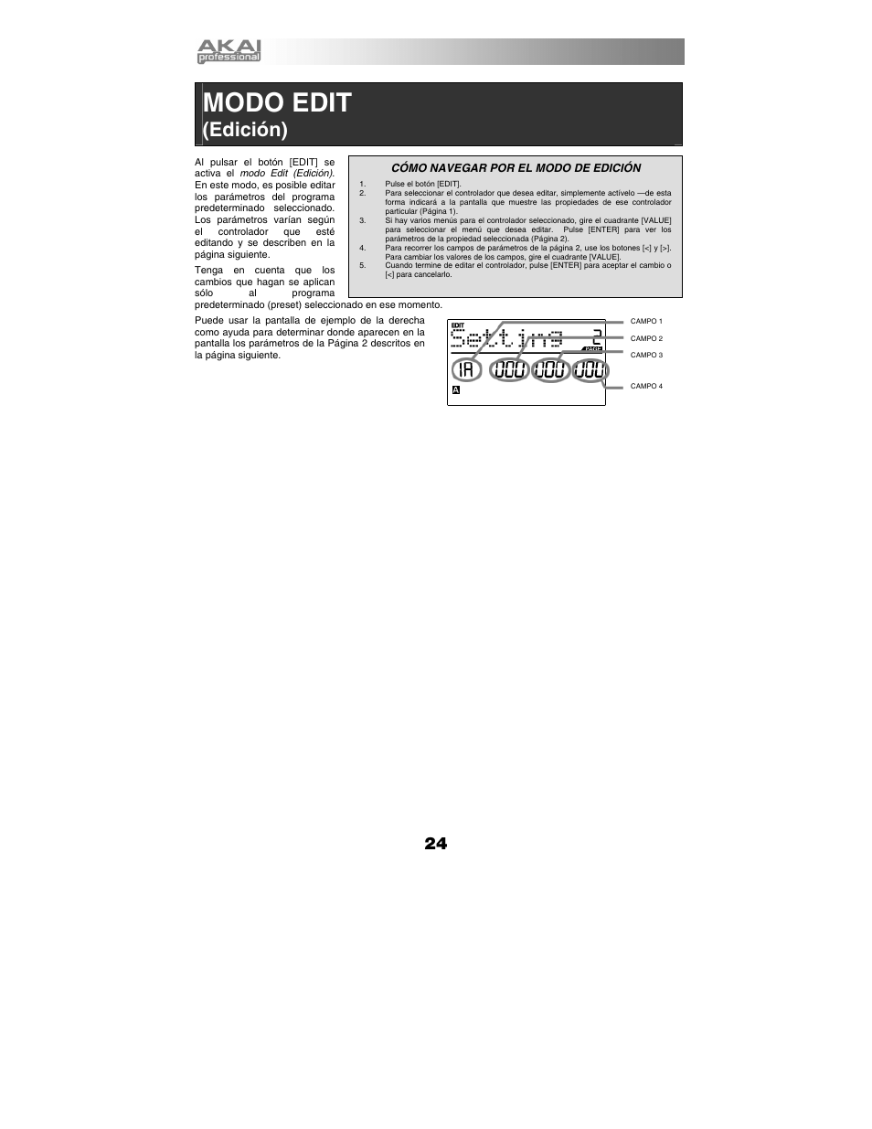 Modo edit (edición), Modo edit, Edición) | Akai mpk25 User Manual | Page 24 / 76