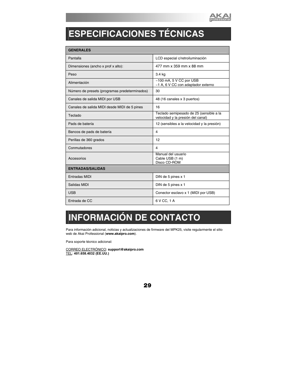 Especificaciones técnicas, Información de contacto | Akai mpk25 User Manual | Page 29 / 76