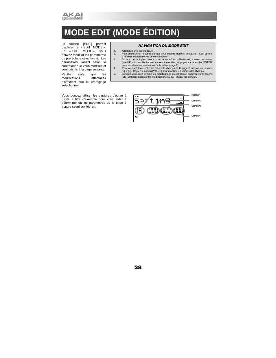 Mode edit (mode édition) | Akai mpk25 User Manual | Page 38 / 76