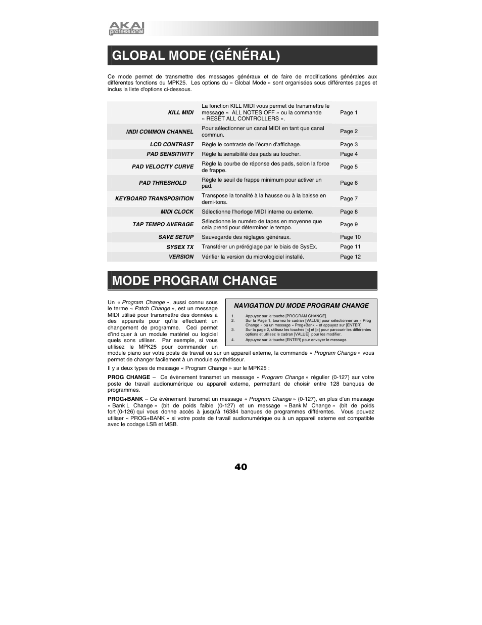 Global mode (général), Mode program change | Akai mpk25 User Manual | Page 40 / 76