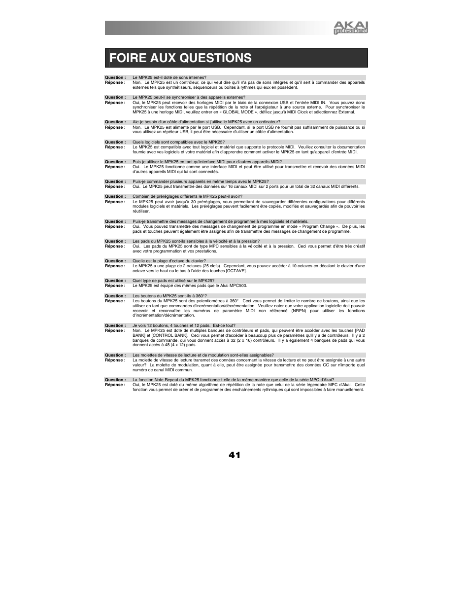 Foire aux questions | Akai mpk25 User Manual | Page 41 / 76