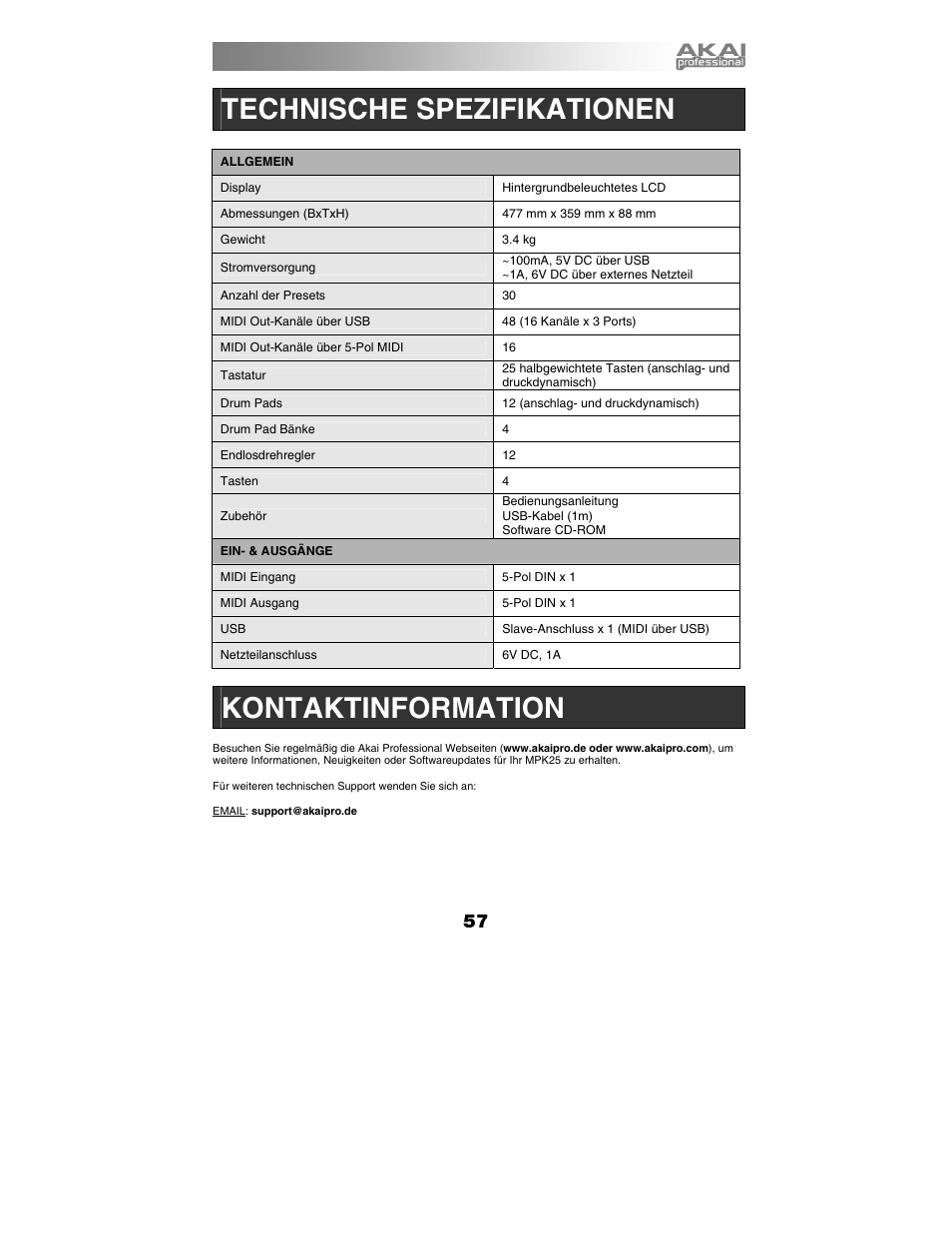 Technische spezifikationen, Kontaktinformation | Akai mpk25 User Manual | Page 57 / 76
