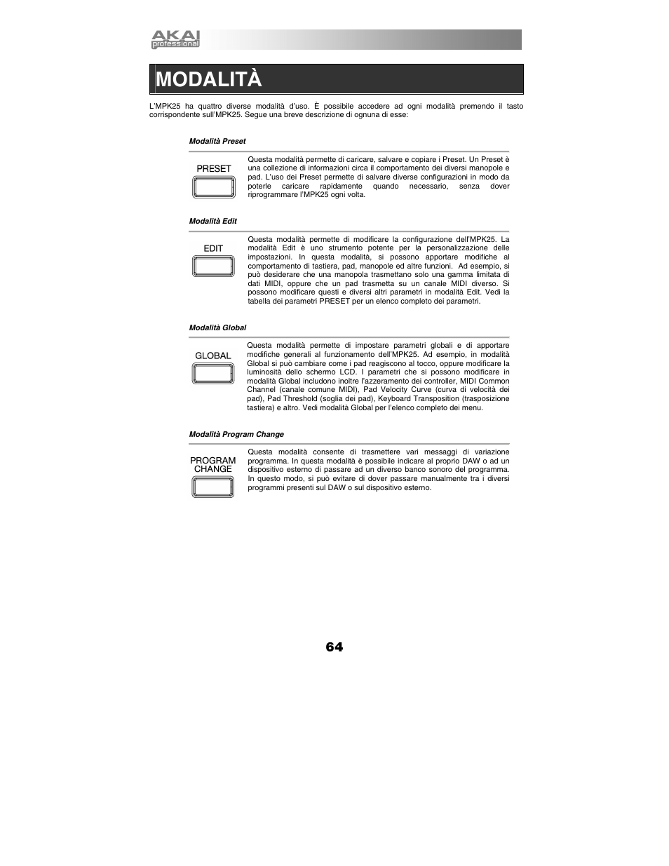 Modalità, Modalit à | Akai mpk25 User Manual | Page 64 / 76