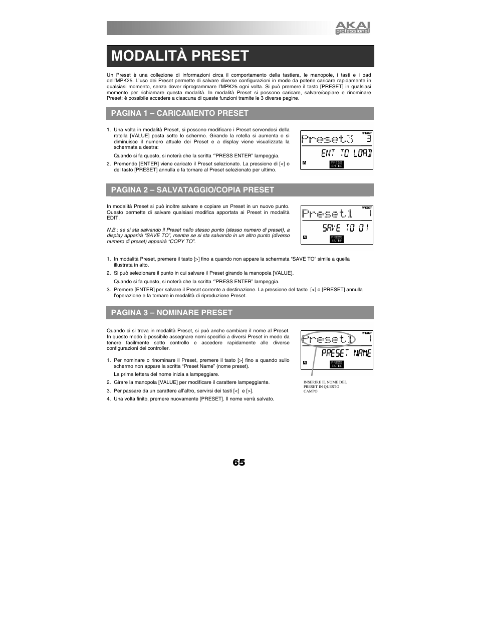 Modalità preset, Modalit à preset, Pagina 1 – caricamento preset | Pagina 2 – salvataggio/copia preset, Pagina 3 – nominare preset | Akai mpk25 User Manual | Page 65 / 76