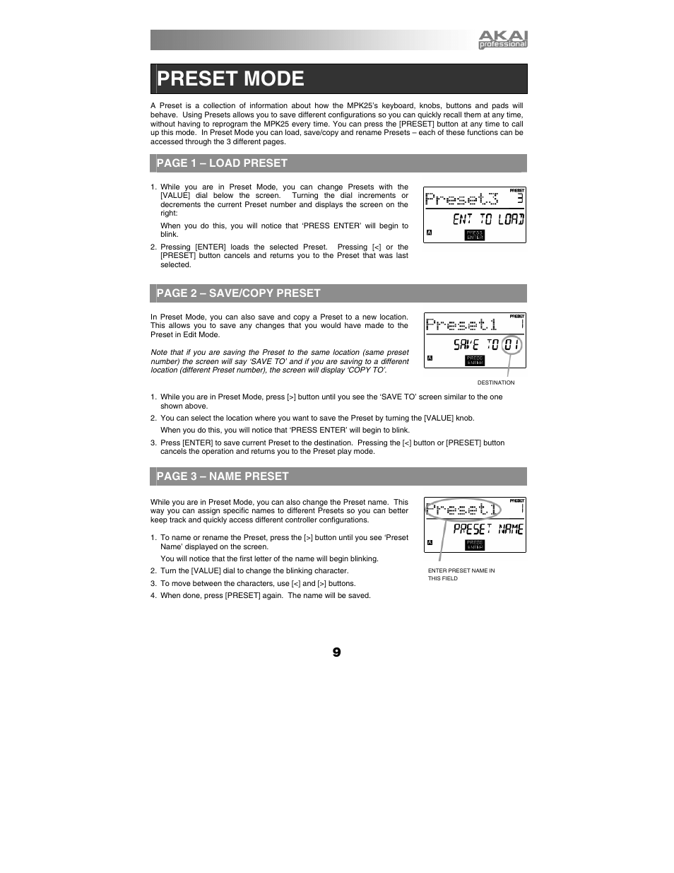 Preset mode, Page 1 – load preset, Page 2 – save/copy preset | Page 3 – name preset | Akai mpk25 User Manual | Page 9 / 76