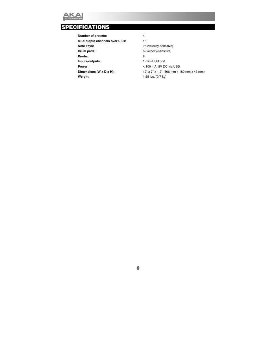 Specifications | Akai mpk_mini User Manual | Page 8 / 10