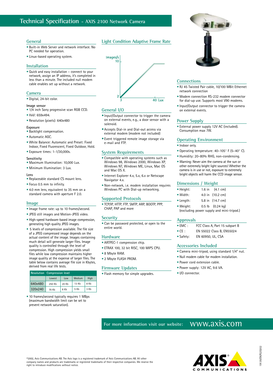 Technical specification, Axis 2100 network camera, General | Installation, Camera, Image, Light condition adaptive frame rate general i/o, System requirements, Supported protocols, Security | Axis Communications 2100 User Manual | Page 2 / 2