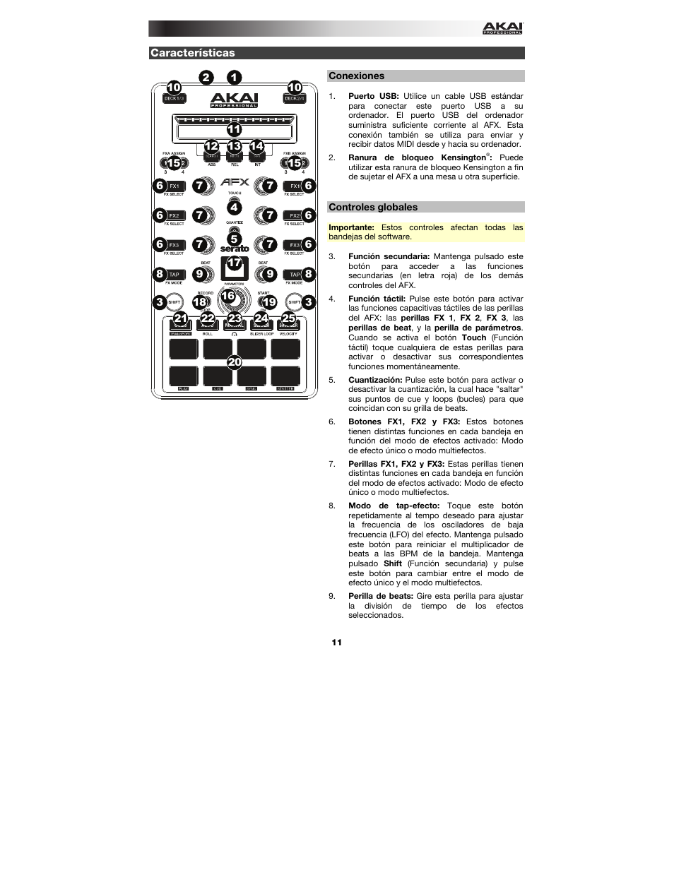 Características, Conexiones, Controles globales | Akai AFX User Manual | Page 11 / 40