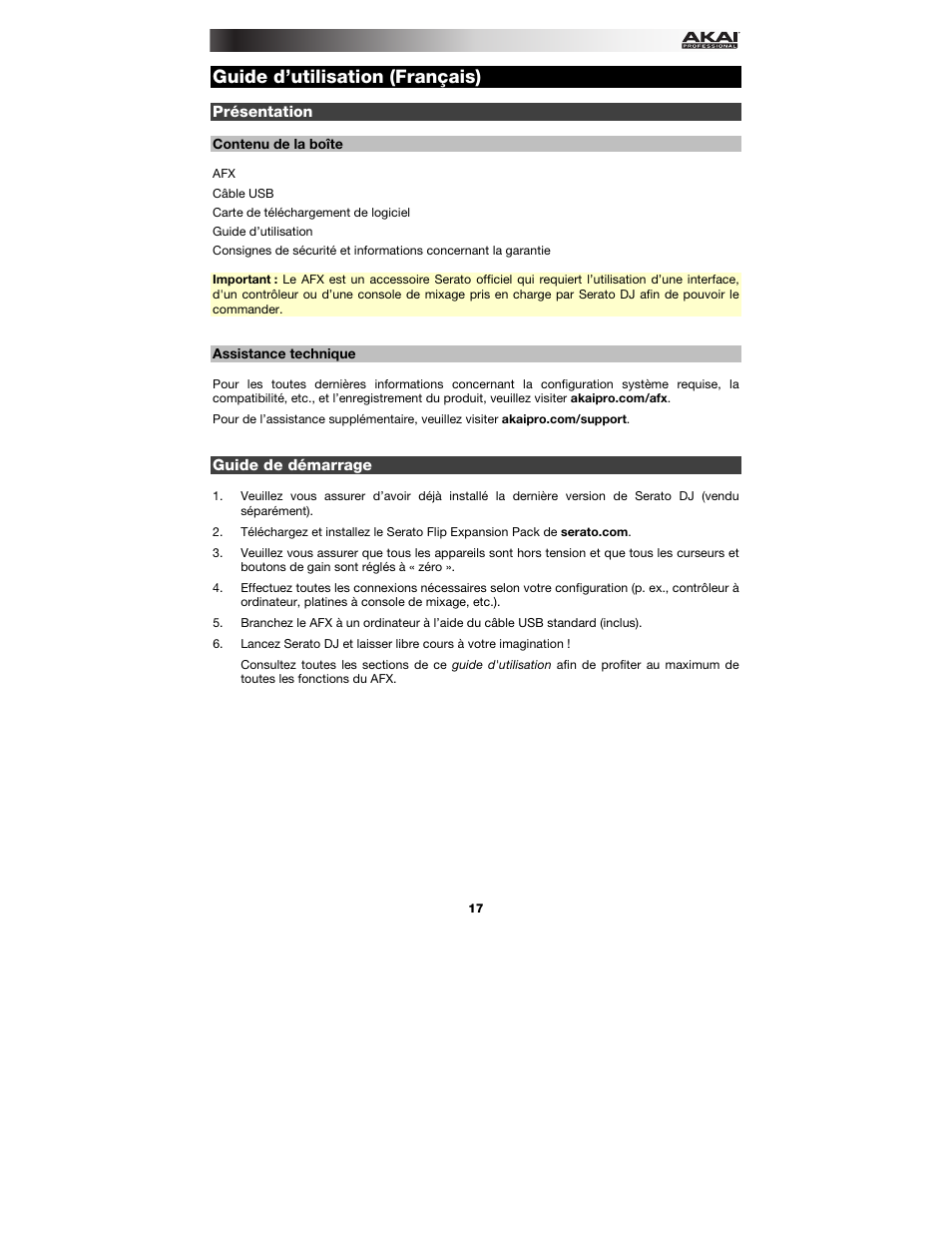 Guide d’utilisation (français), Présentation, Contenu de la boîte | Assistance technique, Guide de démarrage, Guide d'utilisation, Français ( 17 – 23 ) | Akai AFX User Manual | Page 17 / 40