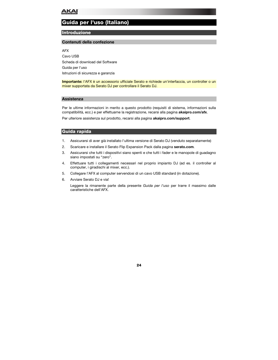Guida per l'uso (italiano), Introduzione, Contenuti della confezione | Assistenza, Guida rapida, Guida per l'uso, Italiano ( 24 – 30 ) | Akai AFX User Manual | Page 24 / 40