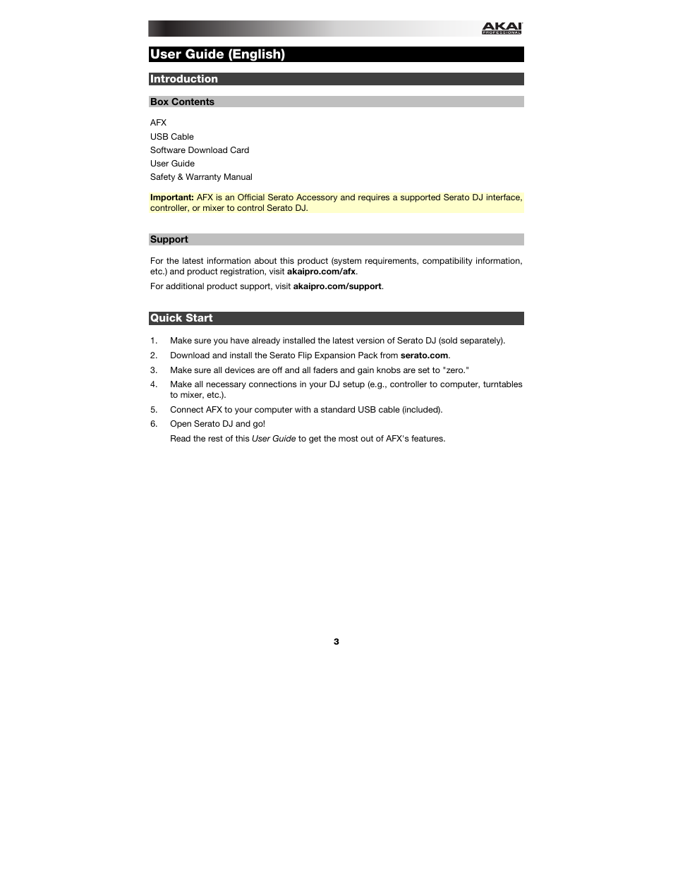 User guide (english), Introduction, Box contents | Support, Quick start, User guide, English ( 3 – 9 ) | Akai AFX User Manual | Page 3 / 40