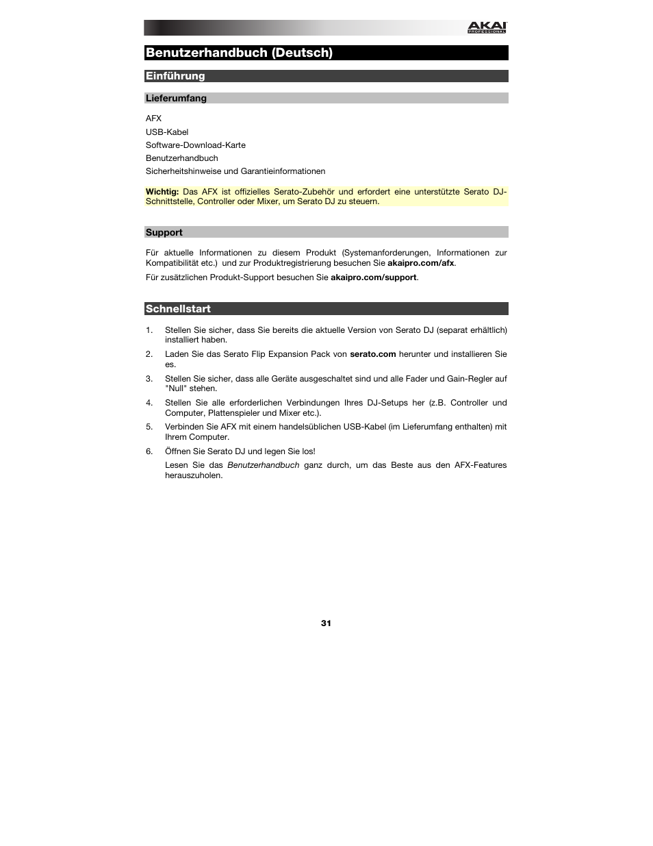 Benutzerhandbuch (deutsch), Einführung, Lieferumfang | Support, Schnellstart, Benutzerhandbuch, Deutsch ( 31 – 37 ) | Akai AFX User Manual | Page 31 / 40
