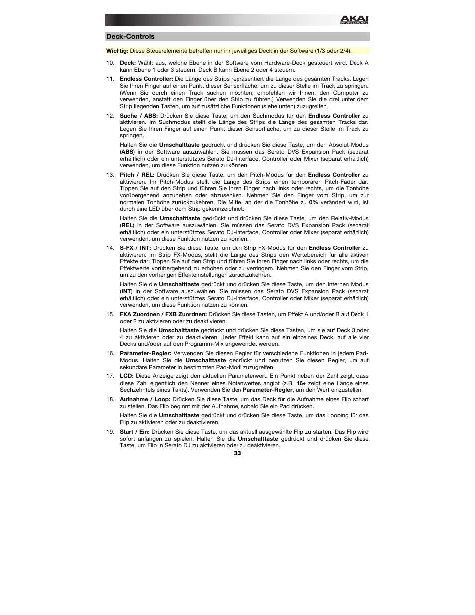 Deck-controls | Akai AFX User Manual | Page 33 / 40