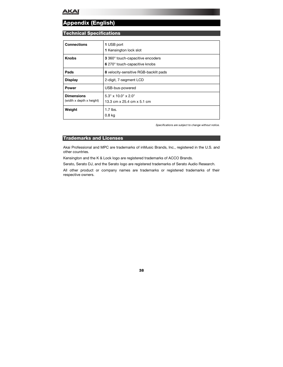 Appendix (english), Technical specifications, Trademarks and licenses | Appendix, English ( 38 ) | Akai AFX User Manual | Page 38 / 40