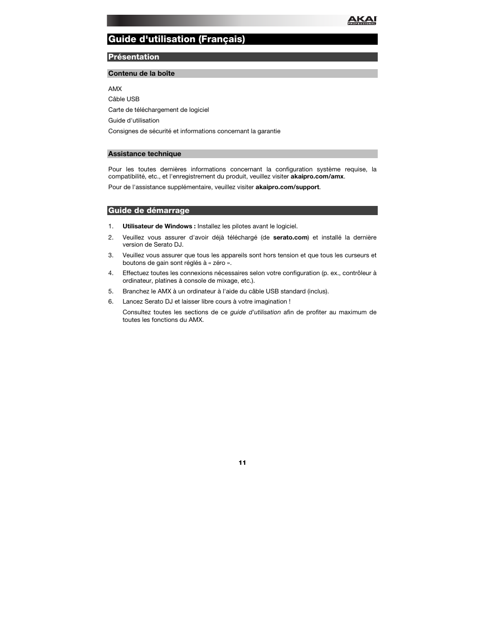 Guide d'utilisation (français), Présentation, Contenu de la boîte | Assistance technique, Guide de démarrage, Guide d'utilisation, Français ( 11 – 14 ) | Akai AMX User Manual | Page 11 / 24