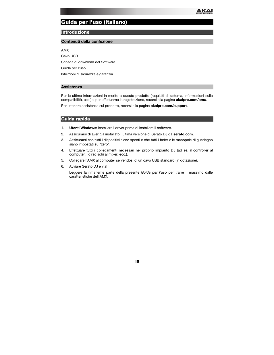 Guida per l'uso (italiano), Introduzione, Contenuti della confezione | Assistenza, Guida rapida, Guida per l'uso, Italiano ( 15 – 18 ) | Akai AMX User Manual | Page 15 / 24