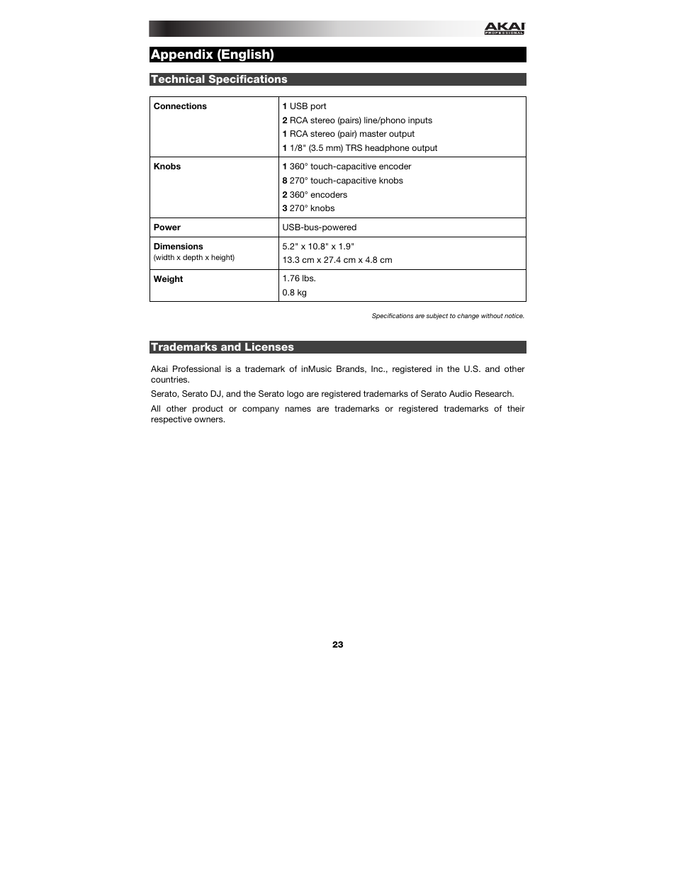 Appendix (english), Technical specifications, Trademarks and licenses | Appendix, English ( 23 ) | Akai AMX User Manual | Page 23 / 24