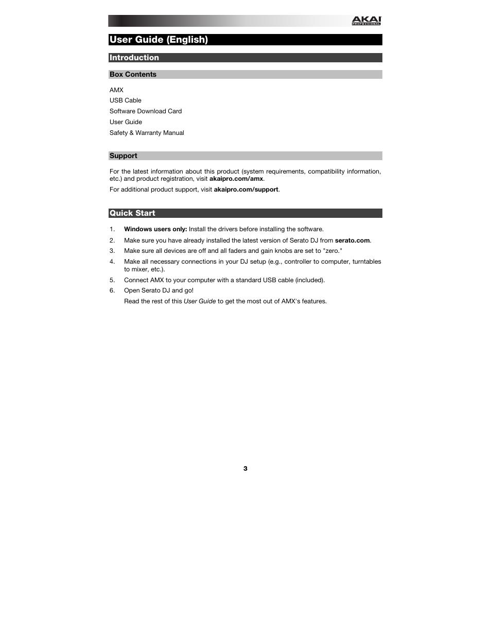 User guide (english), Introduction, Box contents | Support, Quick start, User guide, English ( 3 – 6 ) | Akai AMX User Manual | Page 3 / 24