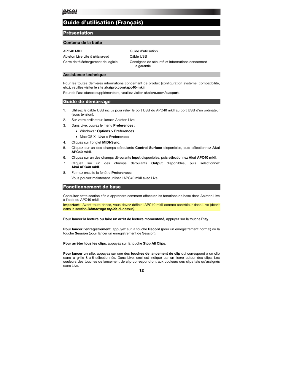 Guide d’utilisation (français), Présentation, Contenu de la boîte | Assistance technique, Guide de démarrage, Fonctionnement de base, Guide d'utilisation, Français ( 12 – 16 ) | Akai APC40 User Manual | Page 12 / 28