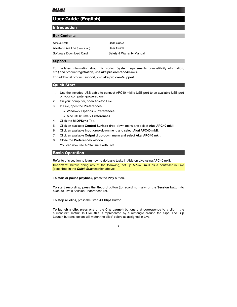 User guide (english), Introduction, Box contents | Support, Quick start, Basic operation, User guide, English ( 2 – 6 ) | Akai APC40 User Manual | Page 2 / 28